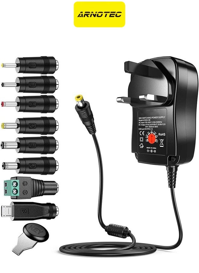 ARNOTEC Universal 30W 3V 4.5V 5V 6V 7.5V 9V 12V AC/DC Adapter Switching Power Supply Charger PSU with 8 Selectable Adaptor Tips for 3V-12V Household Electronics and LED Strip - 2000mA Max  - Image 1