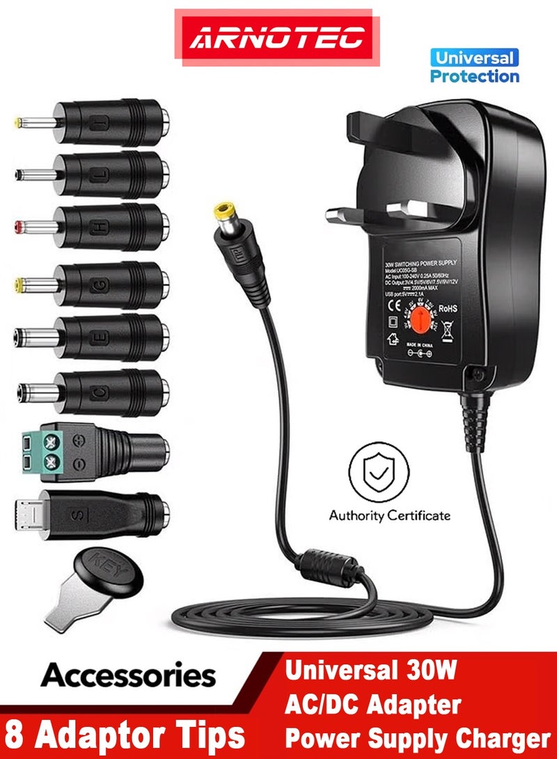 ARNOTEC محول طاقة عالمي 30 واط 3 فولت 4.5 فولت 5 فولت 6 فولت 7.5 فولت 9 فولت 12 فولت محول طاقة AC/DC مع 8 رؤوس قابلة للاختيار للأجهزة المنزلية التي تعمل بجهد 3 فولت-12 فولت وشريط LED - 2000 مللي أمبير كحد أقصى - Image 1