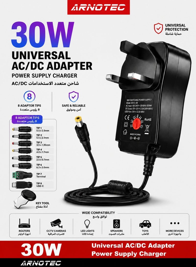 ARNOTEC Universal 30W 3V 4.5V 5V 6V 7.5V 9V 12V AC/DC Adapter Switching Power Supply Charger PSU with 8 Selectable Adaptor Tips for 3V-12V Household Electronics and LED Strip - 2000mA Max - Image 2