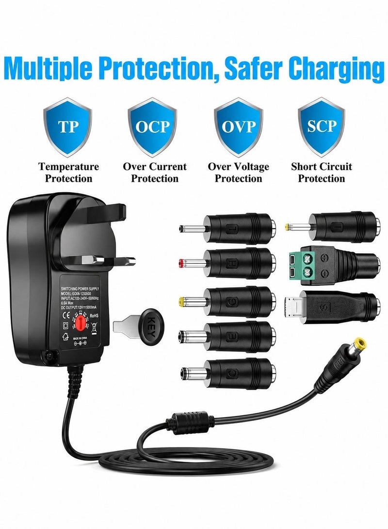 ARNOTEC Universal 30W 3V 4.5V 5V 6V 7.5V 9V 12V AC/DC Adapter Switching Power Supply Charger PSU with 8 Selectable Adaptor Tips for 3V-12V Household Electronics and LED Strip - 2000mA Max - Image 4