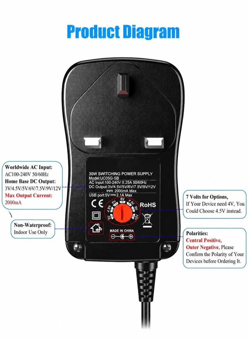 ARNOTEC Universal 30W 3V 4.5V 5V 6V 7.5V 9V 12V AC/DC Adapter Switching Power Supply Charger PSU with 8 Selectable Adaptor Tips for 3V-12V Household Electronics and LED Strip - 2000mA Max - Image 5