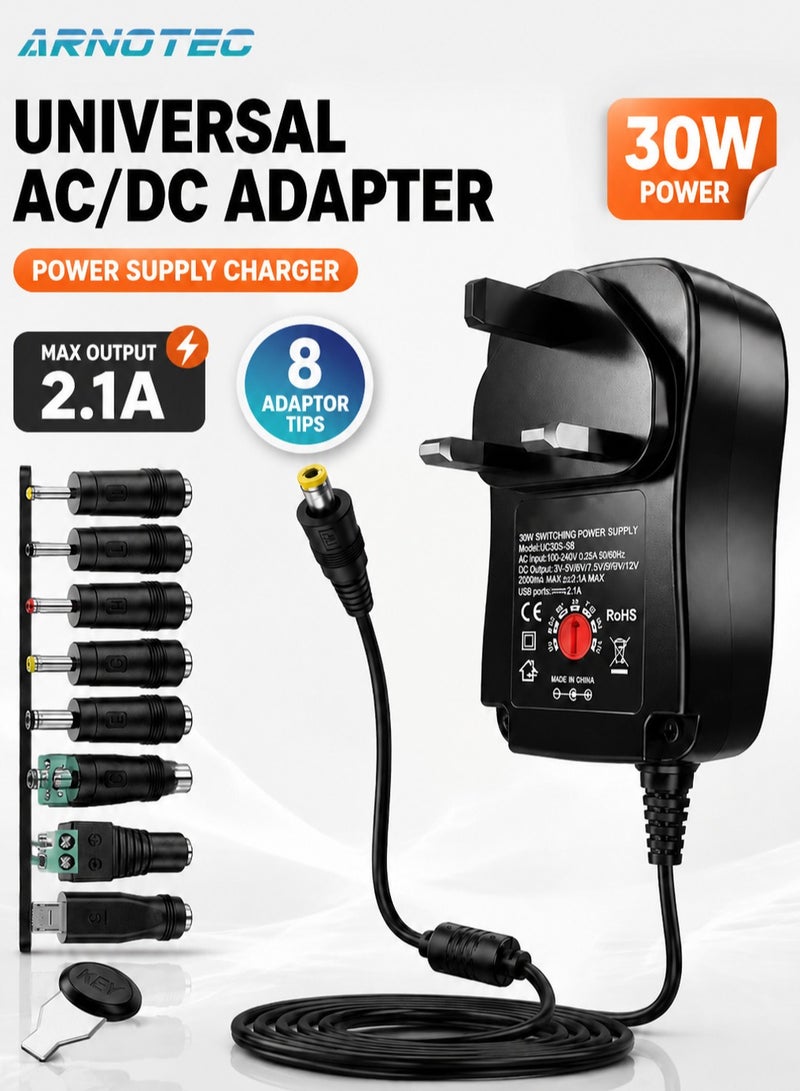 ARNOTEC Universal 30W 3V 4.5V 5V 6V 7.5V 9V 12V AC/DC Adapter Switching Power Supply Charger PSU with 8 Selectable Adaptor Tips for 3V-12V Household Electronics and LED Strip - 2000mA Max - Image 1