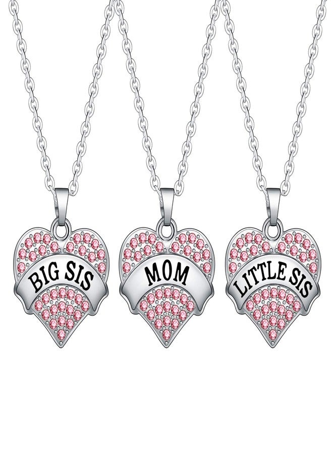 BESPMOSP Big Sis Lil Sis Mom Crystal Heart Pendant Necklace Set Gift for Sister Mother's Day Gift Family Jewelry (3PC Pink) - Image 1