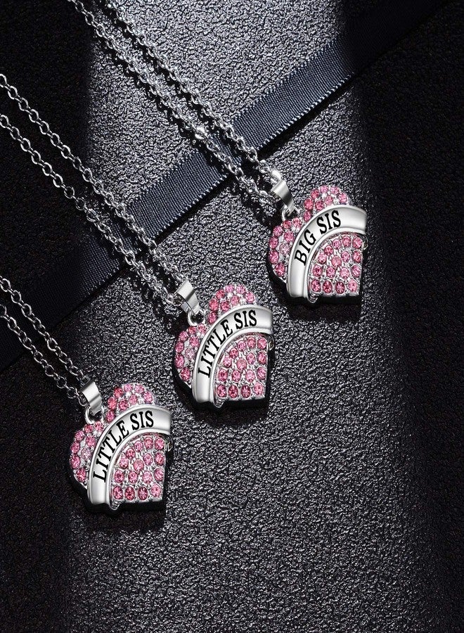 BESPMOSP Big Sis Lil Sis Mom Crystal Heart Pendant Necklace Set Gift for Sister Mother's Day Gift Family Jewelry (3PC Pink) - Image 3