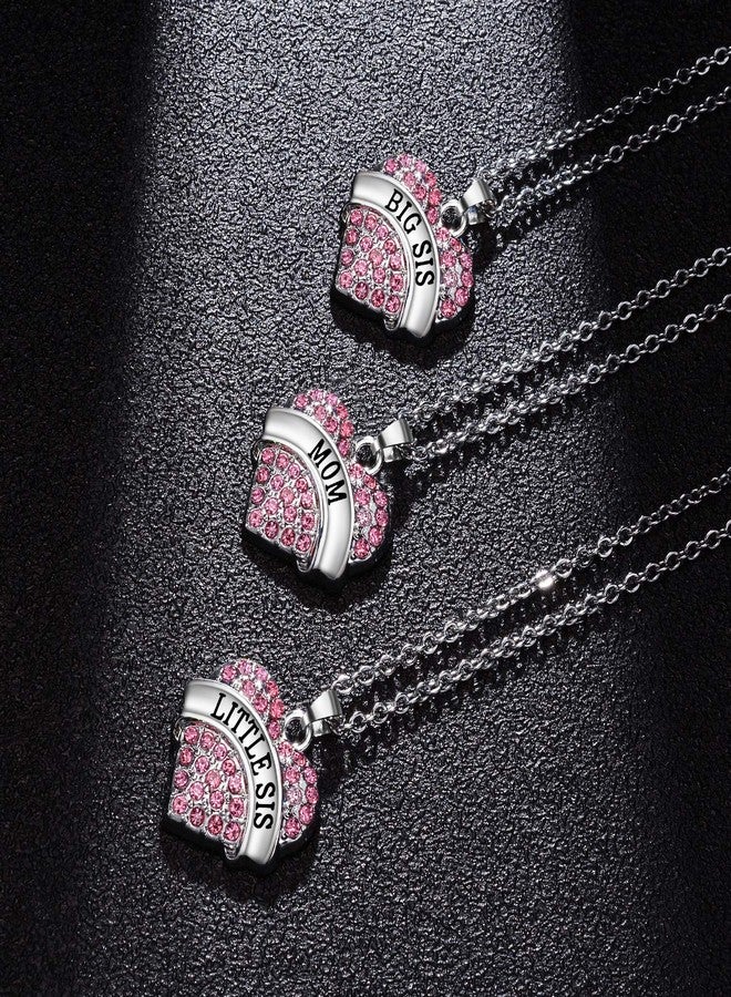 BESPMOSP Big Sis Lil Sis Mom Crystal Heart Pendant Necklace Set Gift for Sister Mother's Day Gift Family Jewelry (3PC Pink) - Image 4