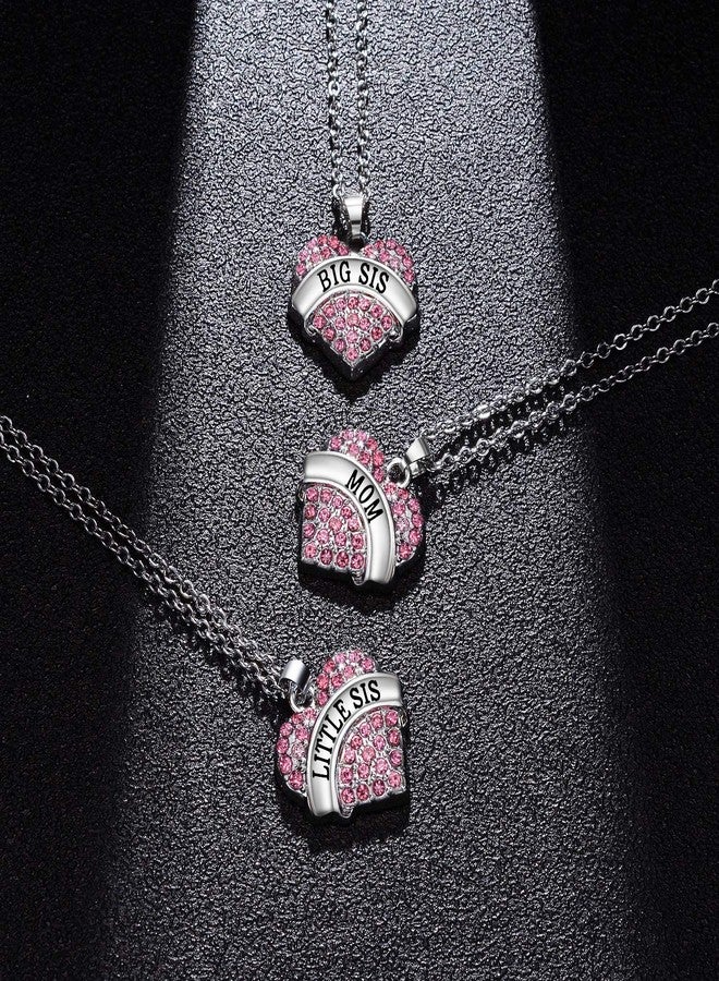BESPMOSP Big Sis Lil Sis Mom Crystal Heart Pendant Necklace Set Gift for Sister Mother's Day Gift Family Jewelry (3PC Pink) - Image 5