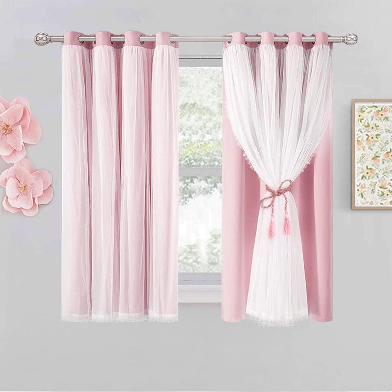 SOFJAGETQ Short Pink Blackout Curtains with Sheer Overlay - Grommet Privacy Drapes, Cute Window Treatments for Kids/Girls Bedroom Nursery LivingRoom, 52 x 54 in, 2 PCs - Image 1