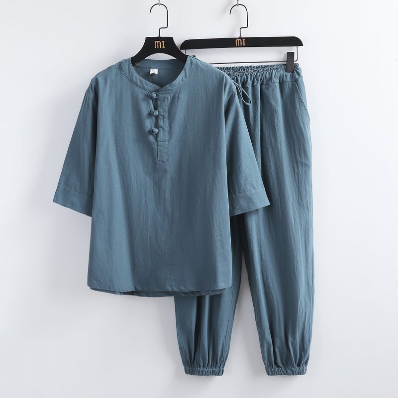 2023 Summer Mens Retro Linen Set Chinese Style Cotton T-Shirt + Pants White  - Image 2