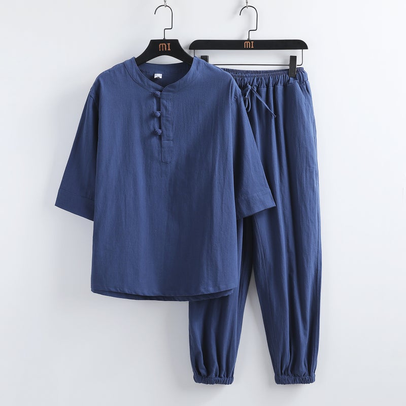 2023 Summer Mens Retro Linen Set Chinese Style Cotton T-Shirt + Pants White  - Image 4