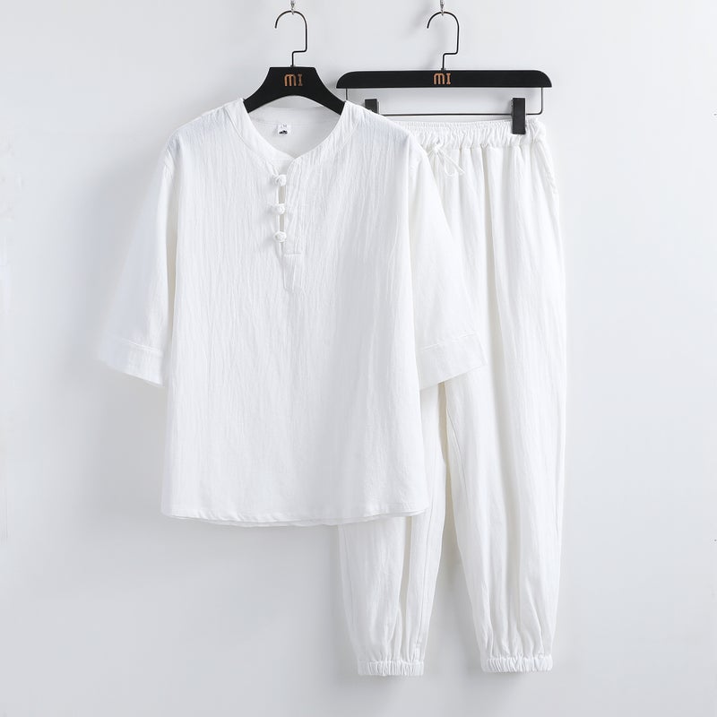 2023 Summer Mens Retro Linen Set Chinese Style Cotton T-Shirt + Pants White  - Image 1