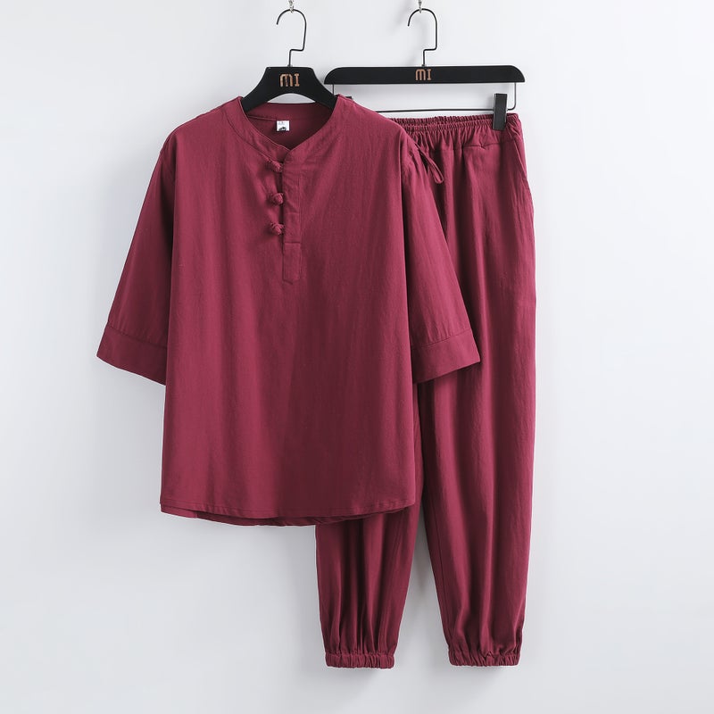 2023 Summer Mens Retro Linen Set Chinese Style Cotton T-Shirt + Pants White  - Image 5