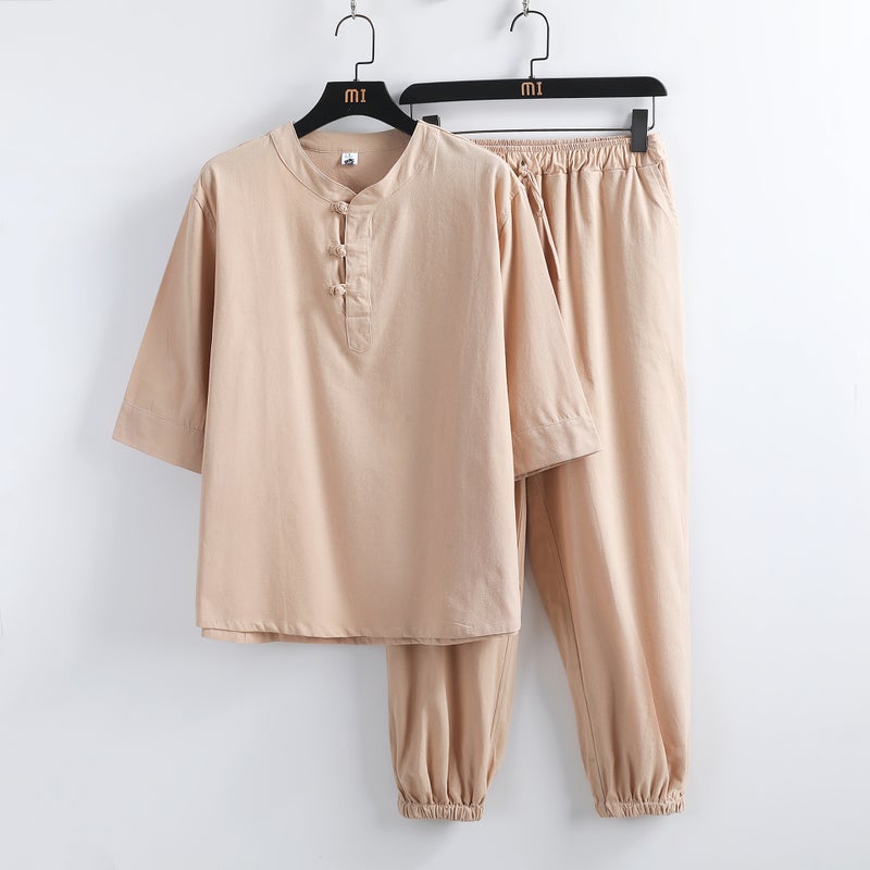 2023 Summer Mens Retro Linen Set Chinese Style Cotton T-Shirt + Pants White  - Image 3