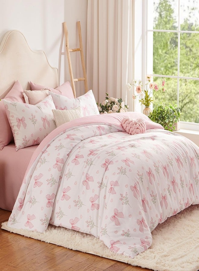 Nayoroom Pink Bow Duvet Cover Full Size Pink Floral Duvet Cover 3 Pieces Soft Lightweight Microfiber Coquette Aesthetic Dorm Bedding Set Gift for Girls - Image 1