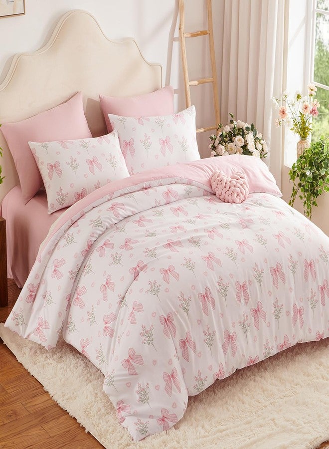 Nayoroom Pink Bow Duvet Cover Full Size Pink Floral Duvet Cover 3 Pieces Soft Lightweight Microfiber Coquette Aesthetic Dorm Bedding Set Gift for Girls - Image 2