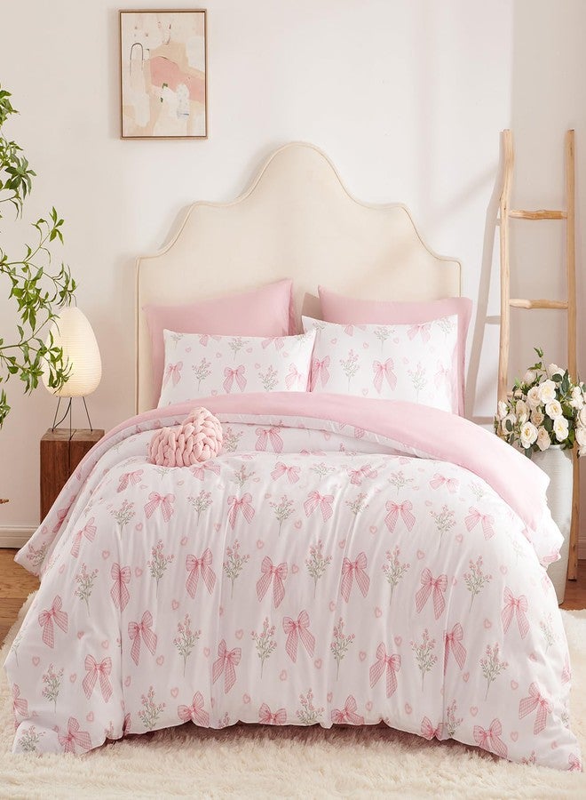 Nayoroom Pink Bow Duvet Cover Full Size Pink Floral Duvet Cover 3 Pieces Soft Lightweight Microfiber Coquette Aesthetic Dorm Bedding Set Gift for Girls - Image 5