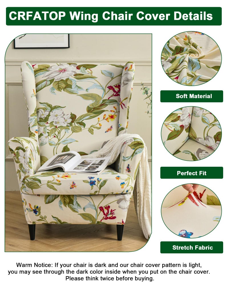 CRFATOP 2 Piece Stretch Wingback Chair Cover Printed Wing Chair Slipcovers Spandex Fabric Wingback Armchair Covers with Elastic Bottom for Living Room Bedroom Wingback Chair (06) - Image 3