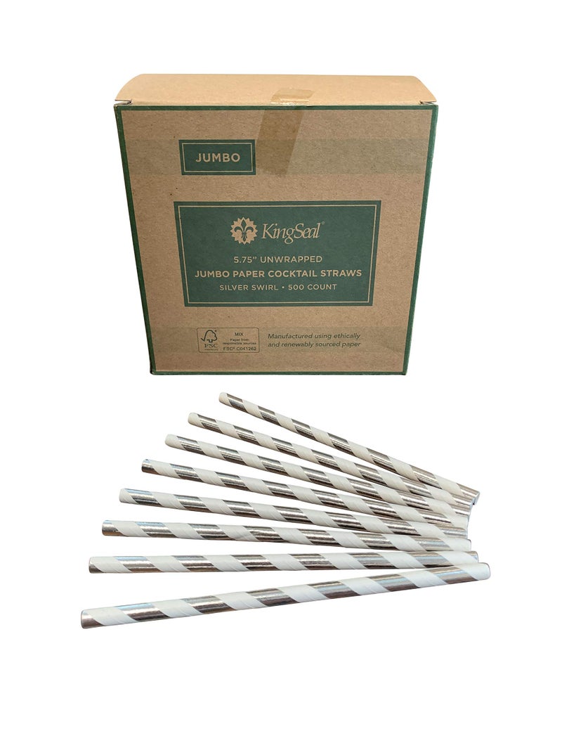 500 Count  Kingseal FSC Certified Paper Cocktail Straws Unwrapped 6mm x 575 Inches Silver Stripe Biodegradable Earth Friendly Bulk Pack  1 Box of 500 Straws