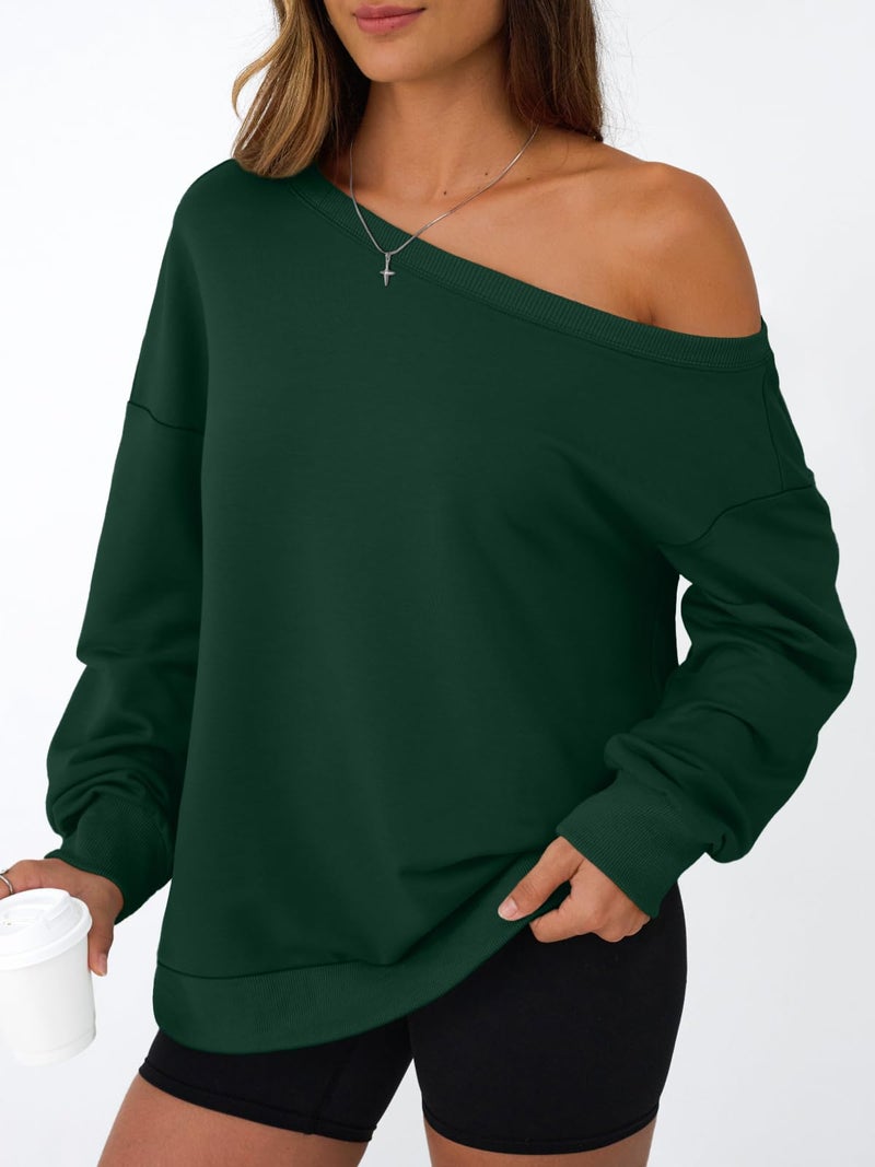 AUTOMET Women Off the Shoulder Sweatshirt Oversized Tops Spring Outfits 2026 Y2k Clothes Fashion Clothing Trendy Top Green M - Image 3