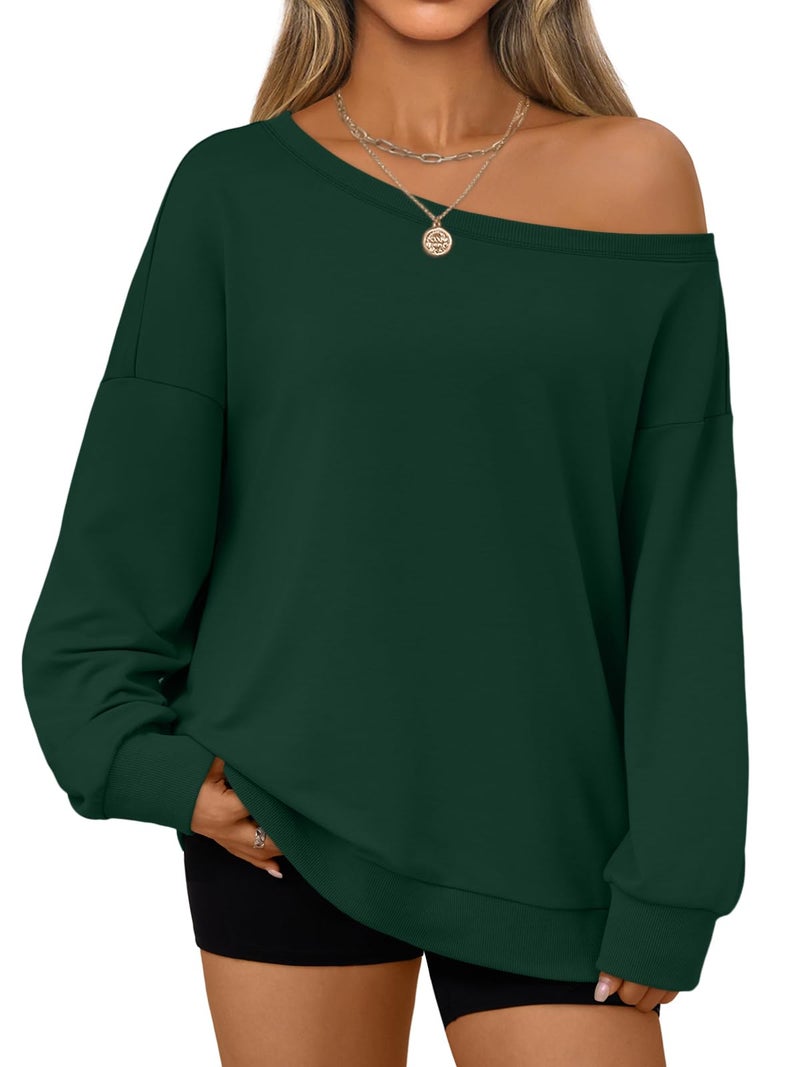 AUTOMET Women Off the Shoulder Sweatshirt Oversized Tops Spring Outfits 2026 Y2k Clothes Fashion Clothing Trendy Top Green M - Image 1