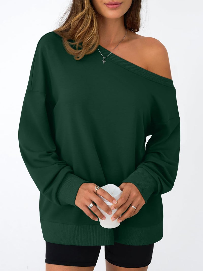 AUTOMET Women Off the Shoulder Sweatshirt Oversized Tops Spring Outfits 2026 Y2k Clothes Fashion Clothing Trendy Top Green M - Image 2