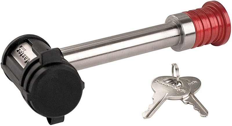 MasterLock Silver and Red Receiver Lock, Stainless Steel Barbell™ Hitch Pin Lock, Fits 5/8 in. Receivers, Weather Resistant Automotive Receiver Lock, 1469DAT - Image 1