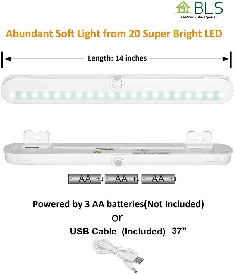 BLS T01L LED Closet Light - Super Bright 20 LED Under Cabinet Lighting Battery Powered/DC Input Wireless Motion Sensing Light, Auto On Off Switch, Motion Sensor & Light Sensor, 2 Pack - Image 3