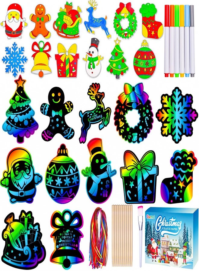 Garma 36Pcs Christmas Crafts Scratch Art for Kids, Rainbow Scratch Paper Christmas Ornaments Crafts Christmas Party Favors Toys Xmas Tree Ornaments Hanging Craft Art Kits - Image 1