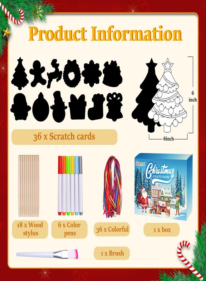 Garma 36Pcs Christmas Crafts Scratch Art for Kids, Rainbow Scratch Paper Christmas Ornaments Crafts Christmas Party Favors Toys Xmas Tree Ornaments Hanging Craft Art Kits - Image 2