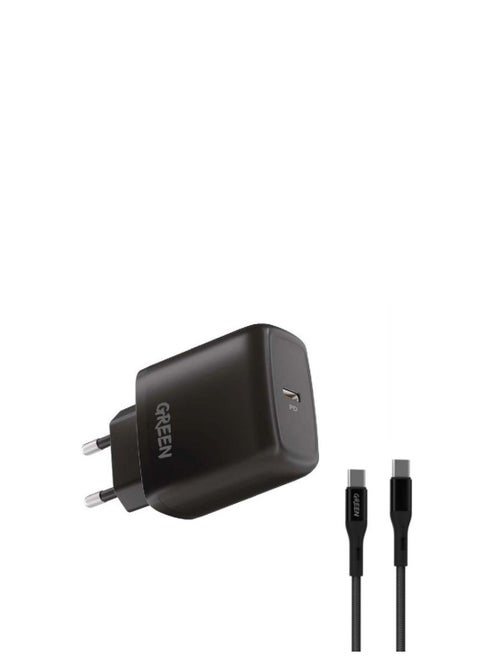 Type-C Port Wall Charger 20W EU with PVC Type-C to Type-C Cable 1.2M - Black