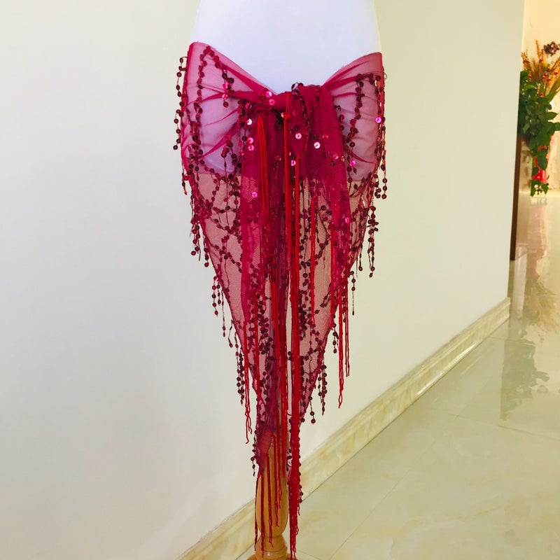 In stock belly dance waist chain beginner Indian dance practice hip towel tassel sequined triangle towel belt performance waist towel Wine red