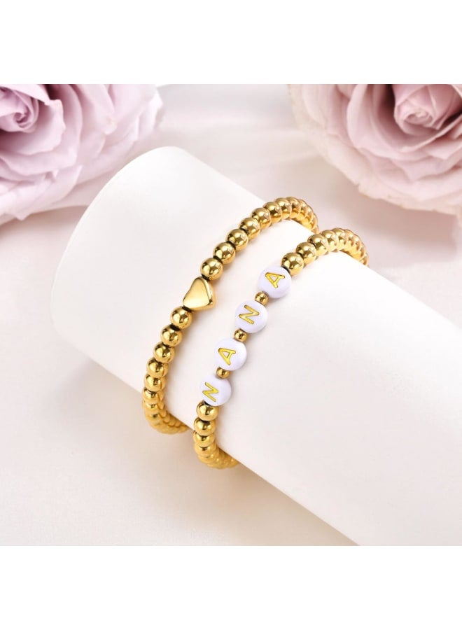 Trendy Gold Bracelets for Women : 2 Pcs 14k Gold Plated Stainless Steel Beaded Heart Mom/Daughter/Nana/ Mama/Sister Stacking Stretch Bracelets Jewelry Love Gifts for Mother's Day Graduation Birthday - Image 3