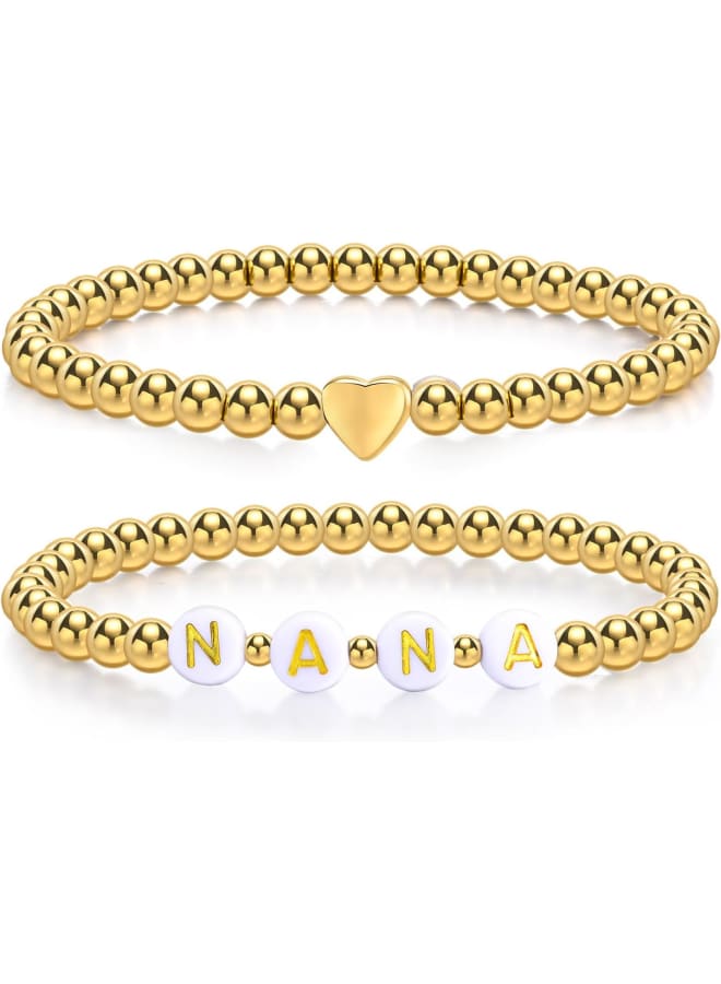 Trendy Gold Bracelets for Women : 2 Pcs 14k Gold Plated Stainless Steel Beaded Heart Mom/Daughter/Nana/ Mama/Sister Stacking Stretch Bracelets Jewelry Love Gifts for Mother's Day Graduation Birthday - Image 1