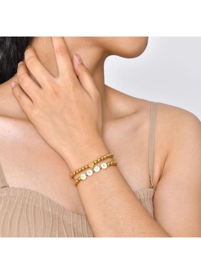 Trendy Gold Bracelets for Women : 2 Pcs 14k Gold Plated Stainless Steel Beaded Heart Mom/Daughter/Nana/ Mama/Sister Stacking Stretch Bracelets Jewelry Love Gifts for Mother's Day Graduation Birthday - Image 2