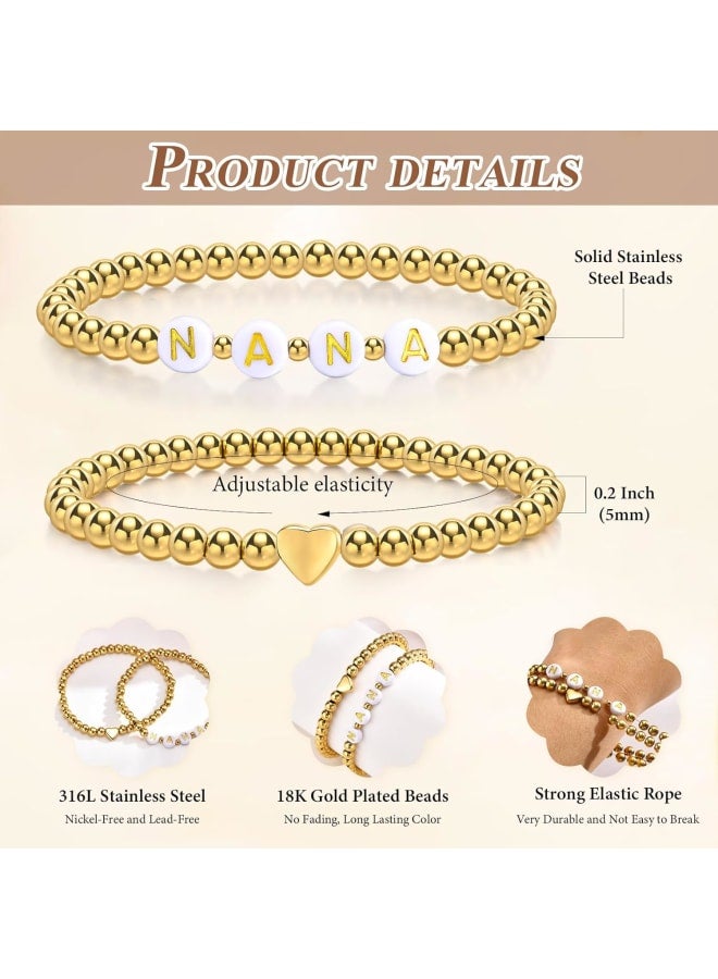 Trendy Gold Bracelets for Women : 2 Pcs 14k Gold Plated Stainless Steel Beaded Heart Mom/Daughter/Nana/ Mama/Sister Stacking Stretch Bracelets Jewelry Love Gifts for Mother's Day Graduation Birthday - Image 4