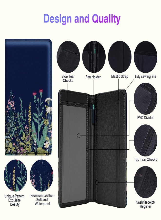 Pisypox Checkbook Cover for Personal Checkbook，Patterned Pu Leather check book covers for women and men，with Pen Holder & Built-in Clear Plastic Divider for Duplicate Checks, Black flora, 7 x 3.7 x - Image 3
