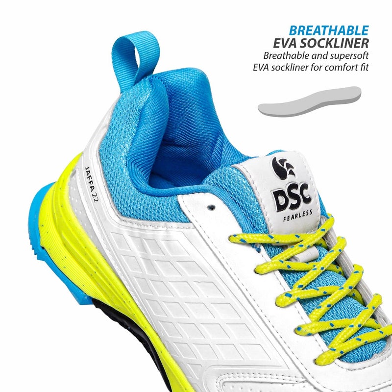 DSC Jaffa 22 Cricket Sport Shoes | Color: White-Lime-Yellow| Size: 9US/8UK/42EU | for Men & Boys | Breathable Mesh | Non-Slip Sole | Improved Stability | Embossed Design | Durable & Lightweight - Image 4
