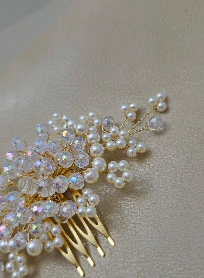 Twinsho Bridal Hair Comb with Pearl and Crystal Beads, Gold-Toned, Iridescent Wedding Hair Accessory, Pearl Crystal Wedding Hair Comb for Women - Image 4