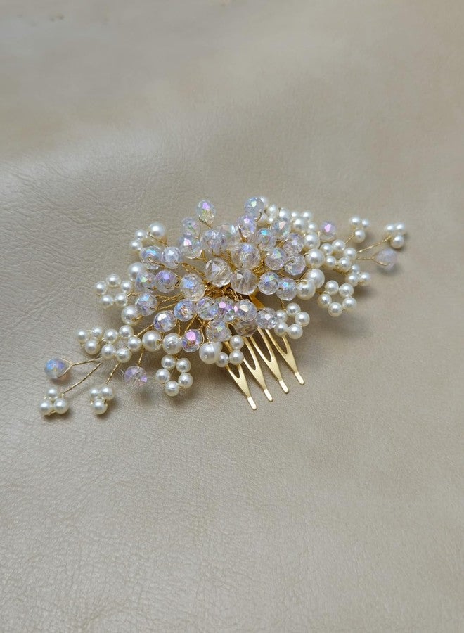 Twinsho Bridal Hair Comb with Pearl and Crystal Beads, Gold-Toned, Iridescent Wedding Hair Accessory, Pearl Crystal Wedding Hair Comb for Women - Image 1
