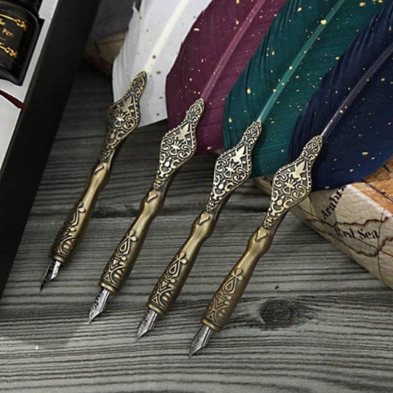 kreni kreni Sprinkle Gold Luxury Vintage Feather Quill Dip Calligraphy Fountain Pen Writing Ink 5 Nibs Set With Seal Wax Stationery Gift Box  - Image 4