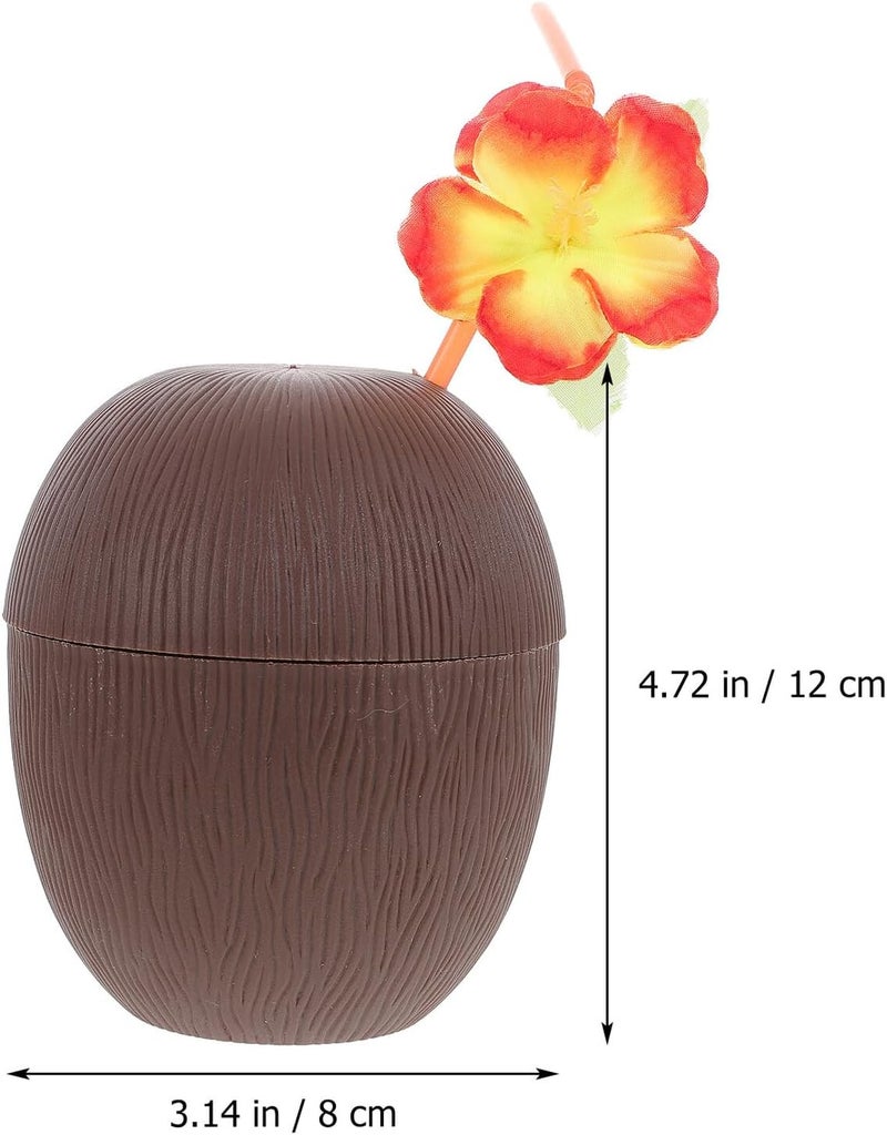 Hawaiian Party Cups Coconut-shaped Plastic Drinking Cups 2pcs Brown Color with Random Floral Decoration for Beach Festival and Luau Party Supplies Random Color - Image 2