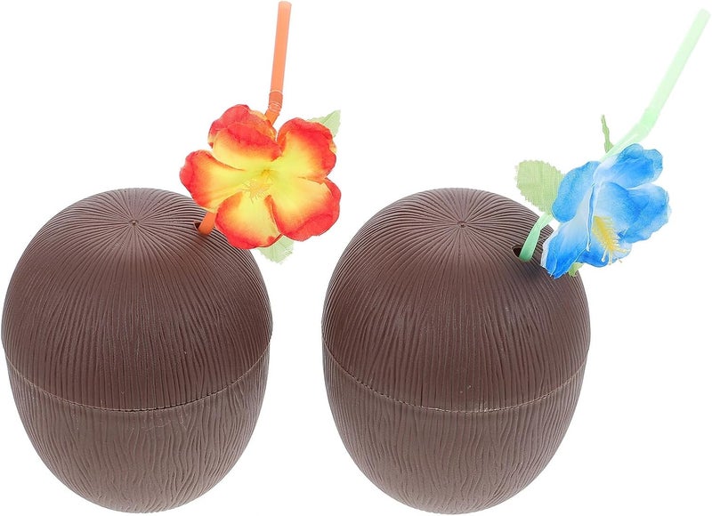 Hawaiian Party Cups Coconut-shaped Plastic Drinking Cups 2pcs Brown Color with Random Floral Decoration for Beach Festival and Luau Party Supplies Random Color - Image 1
