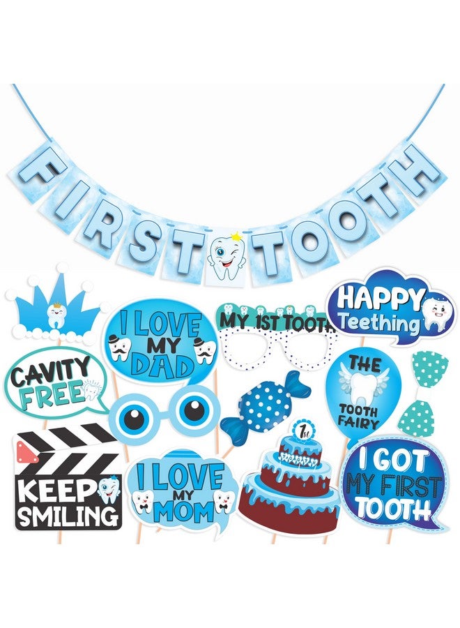 Wobbox First Tooth Photo Booth Party Props (13 Pcs) with First Tooth Bunting Banner, Blue & White Colour with Stylish Font, First Tooth Decoration, First Tooth Decoration Items for Baby - Image 1