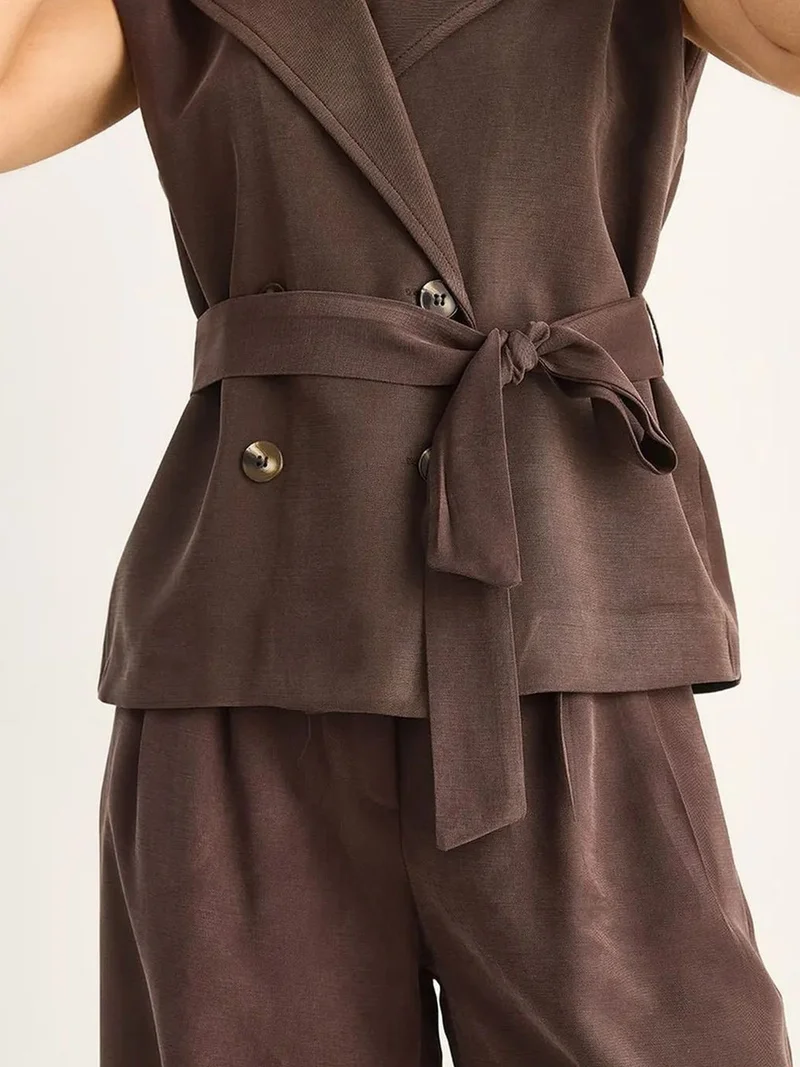 Bianco Lucci Coffee Brown LUCCI High Waist Wide Leg Co-ord Set with Shawl Collar for Women | Best Price UAE