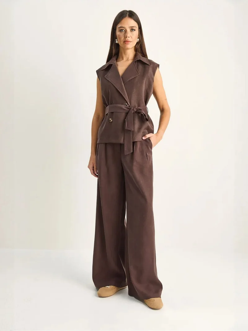 Bianco Lucci Coffee Brown LUCCI High Waist Wide Leg Co-ord Set with Shawl Collar for Women | Best Price UAE