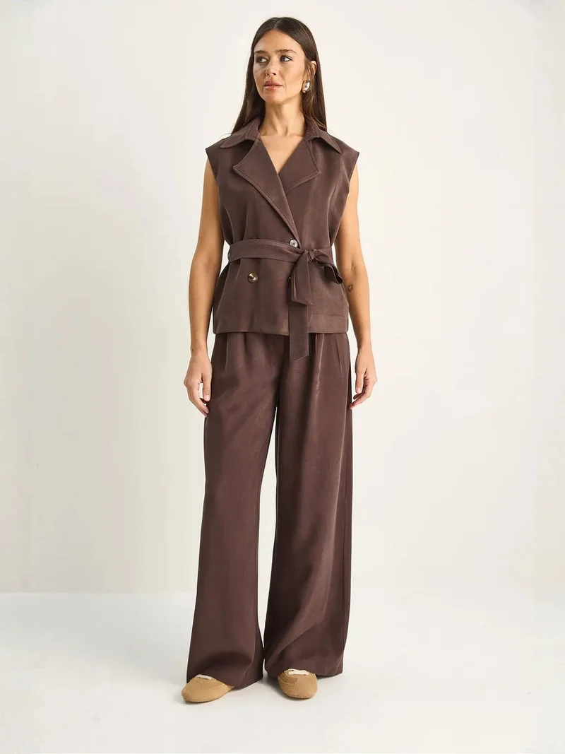 Bianco Lucci Coffee Brown LUCCI High Waist Wide Leg Co-ord Set with Shawl Collar for Women | Best Price UAE
