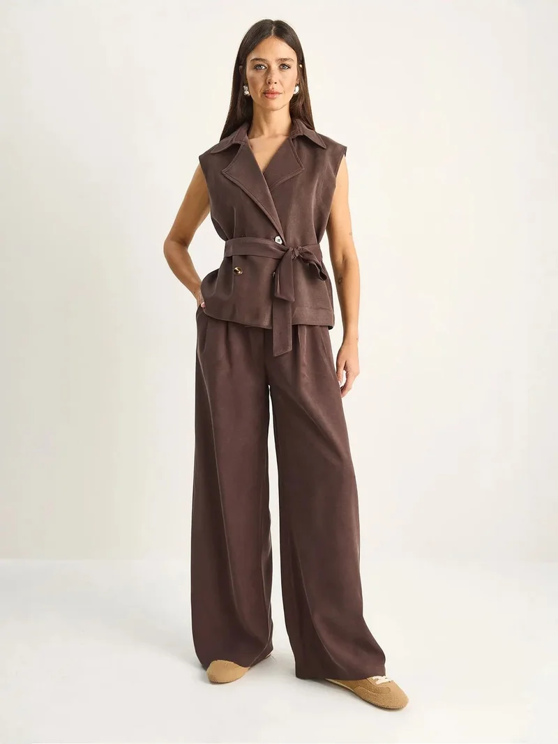 Bianco Lucci Coffee Brown LUCCI High Waist Wide Leg Co-ord Set with Shawl Collar for Women | Best Price UAE