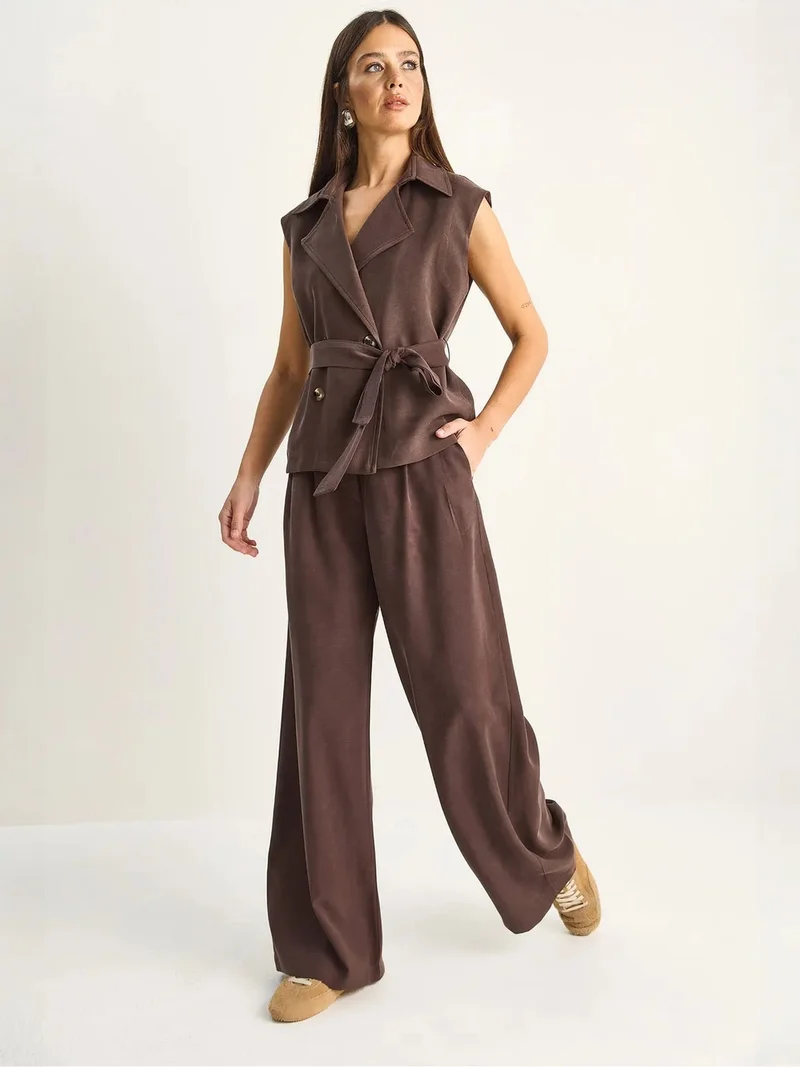Bianco Lucci Coffee Brown LUCCI High Waist Wide Leg Co-ord Set with Shawl Collar for Women | Best Price UAE