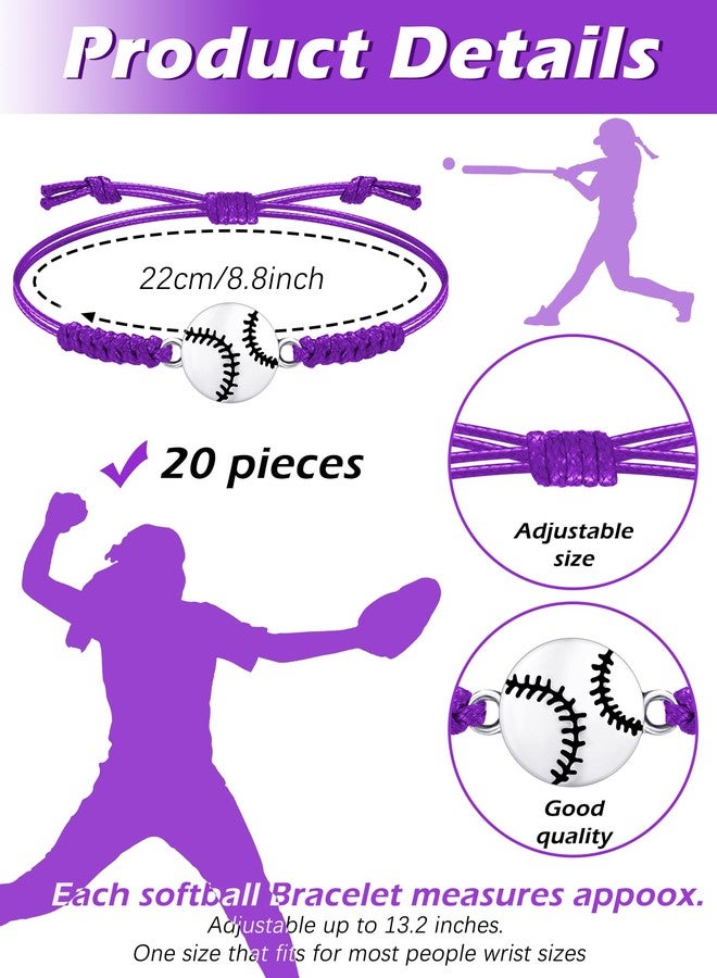 Jadive 20 Pcs Softball Charm Bracelets Bulk Softball Birthday Party Favors Sport Coach Bracelets Adjustable Baseball Team Gifts for Players Women Men(Purple) - Image 2