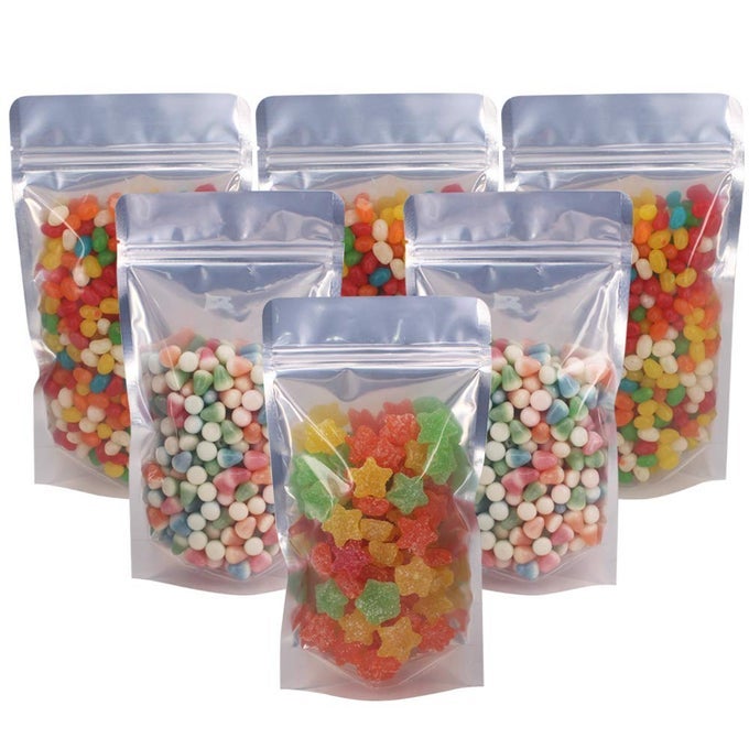 100 PACK 55 X 10 INCH STAND UP POUCH BAGS ZIPPER MYLAR BAGS CLEAR FRONT WITH ALUMINUM FOIL BACK REUSABLE FOOD STORAGE BAG FOR MULTIPURPOSE WITH GUSSET BOTTOM55MIL THICKNESS