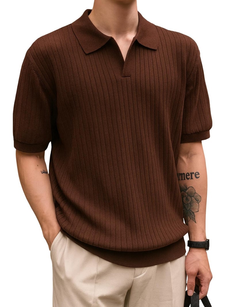 Veirdo® Men’s Casual Ribbed Polo Collar Knit T-Shirt | Slim Fit Short Sleeve Polo for Men | Flat Knit Textured T-Shirt Perfect for Office, Party, Travel (Polo_FK4_BRN_XXL) Brown - Image 1